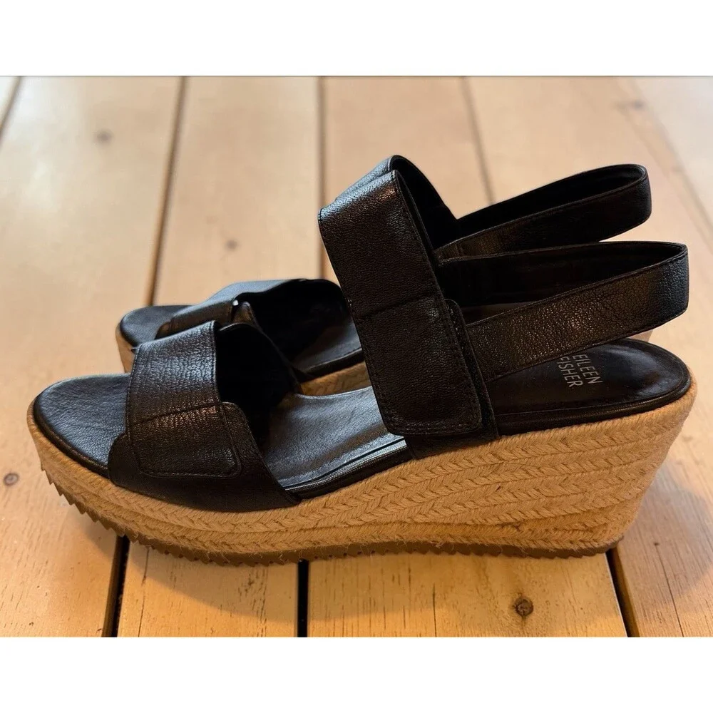 Eileen Fisher Espadrille Sandals Size 9.5 Winnie Wedge Black Leather